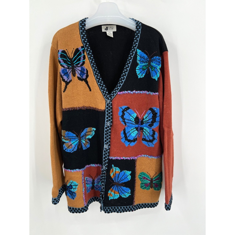Vintage JTWO 90s Embellished Cardigan Butterflies Beaded Embroidered Size XXL
